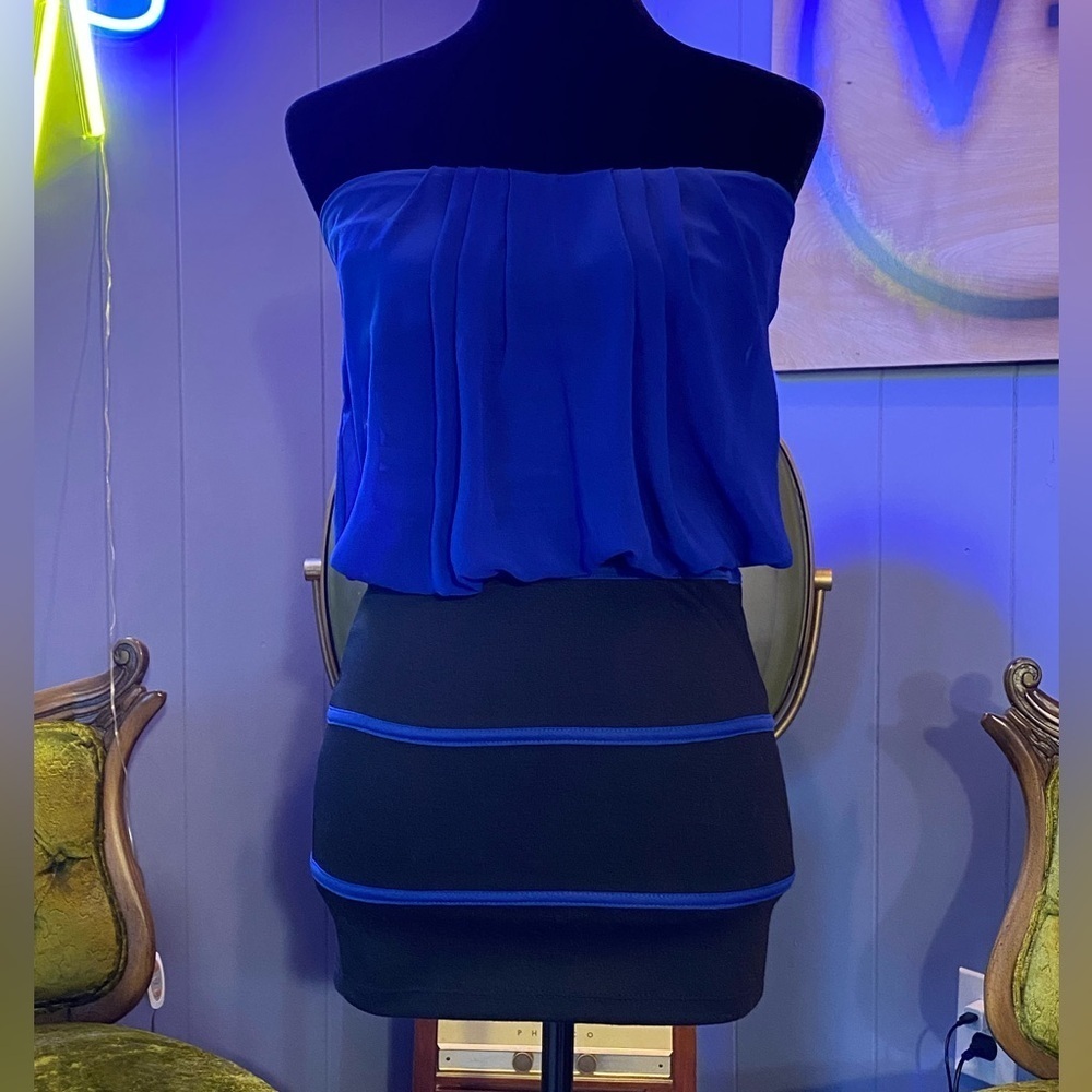 Vintage Y2K Mystic Strapless Blue And Black Striped Mini Dress Size Small